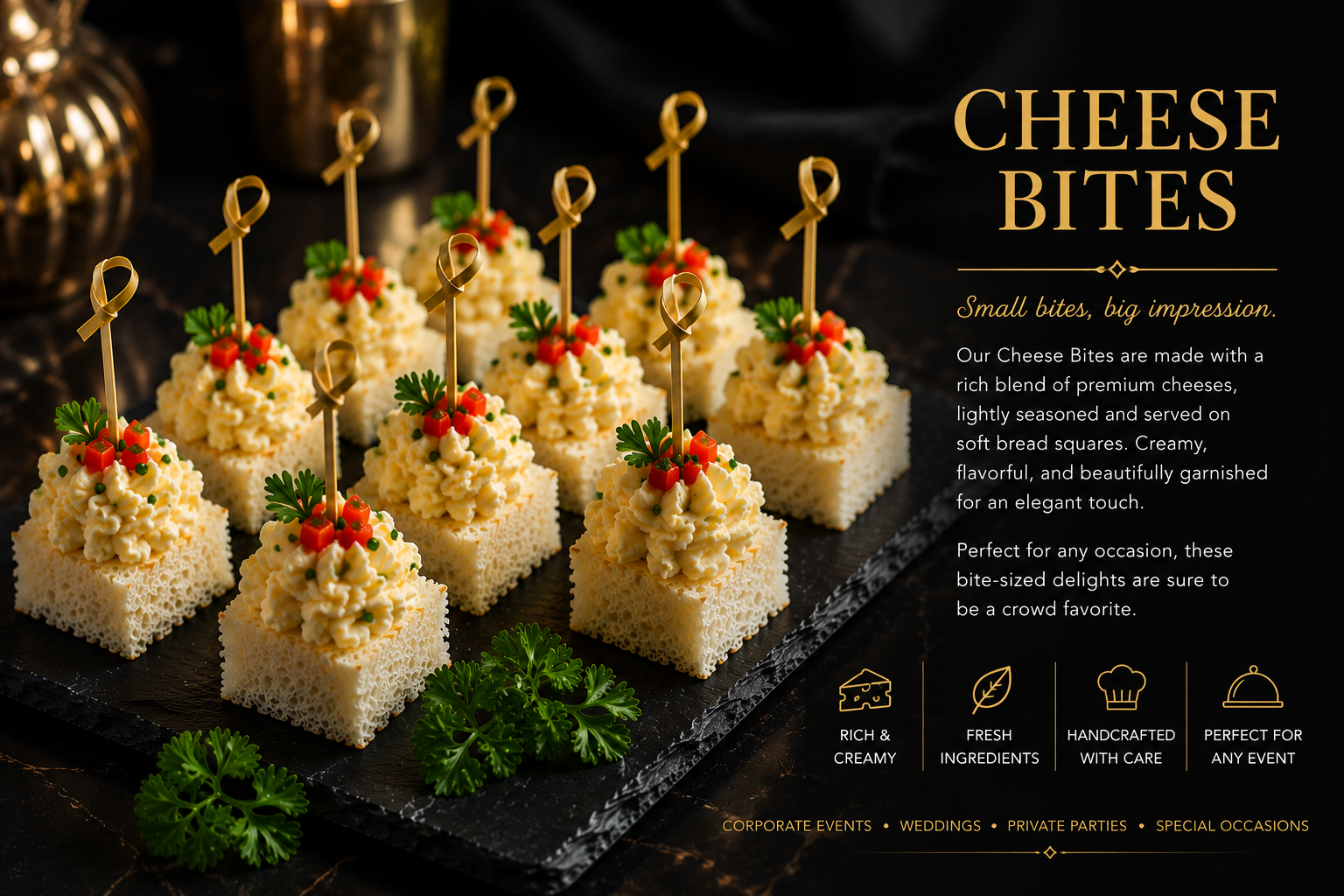 Cheese bites arranged on a serving board