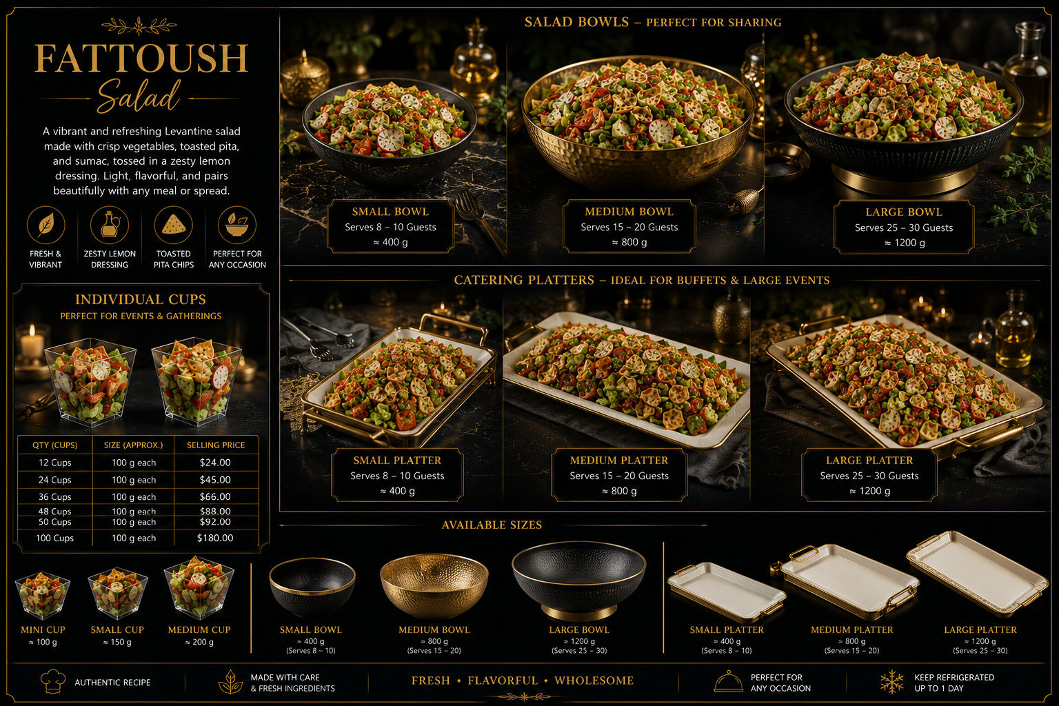 Fresh fattoush salad in elegant catering bowls and platters