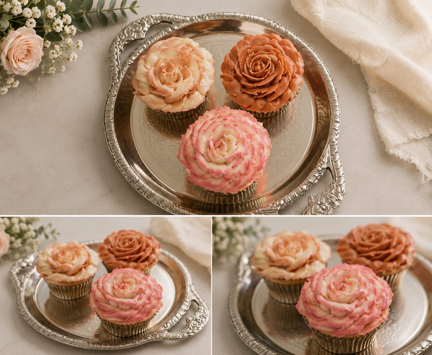 Detailed hand-piped flower cupcakes