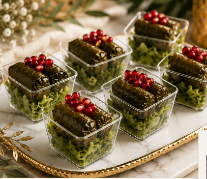 Mini grape leaves cups topped with pomegranate seeds