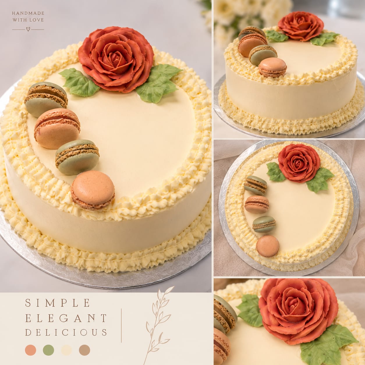 Elegant round celebration cake with piping, flower and macarons