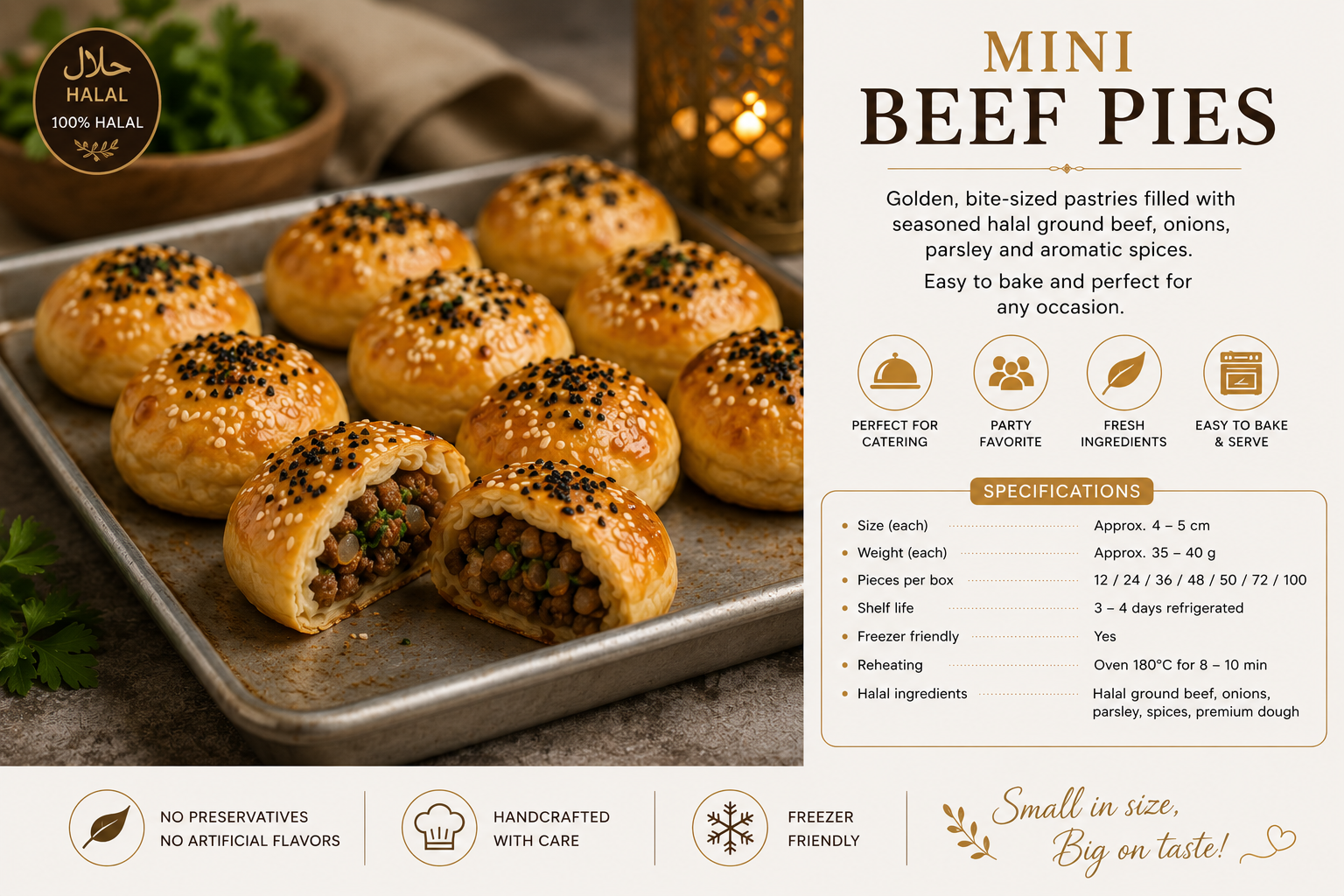 Golden mini beef pies filled with seasoned halal beef