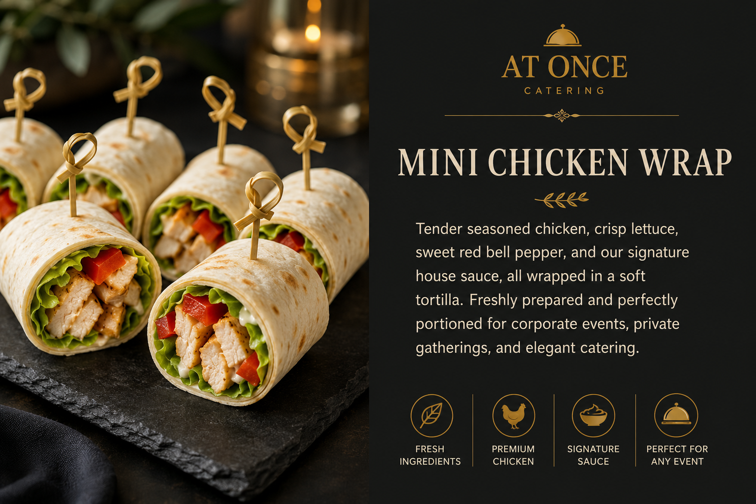 Mini chicken wraps filled with lettuce and red pepper