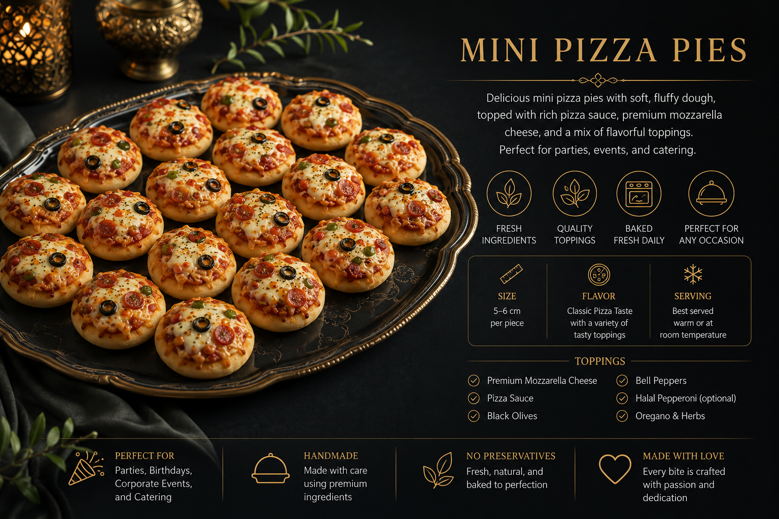 Mini pizza pies with mozzarella, vegetables and olives