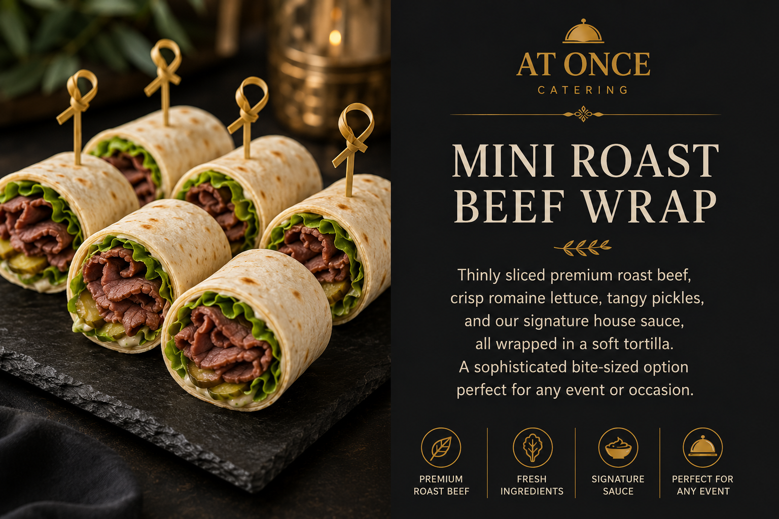 Mini roast beef wraps with lettuce and pickles