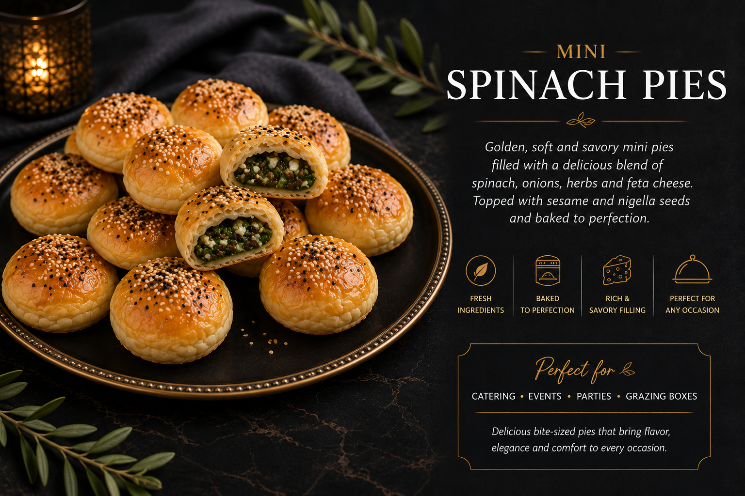 Golden mini spinach pies filled with spinach and feta