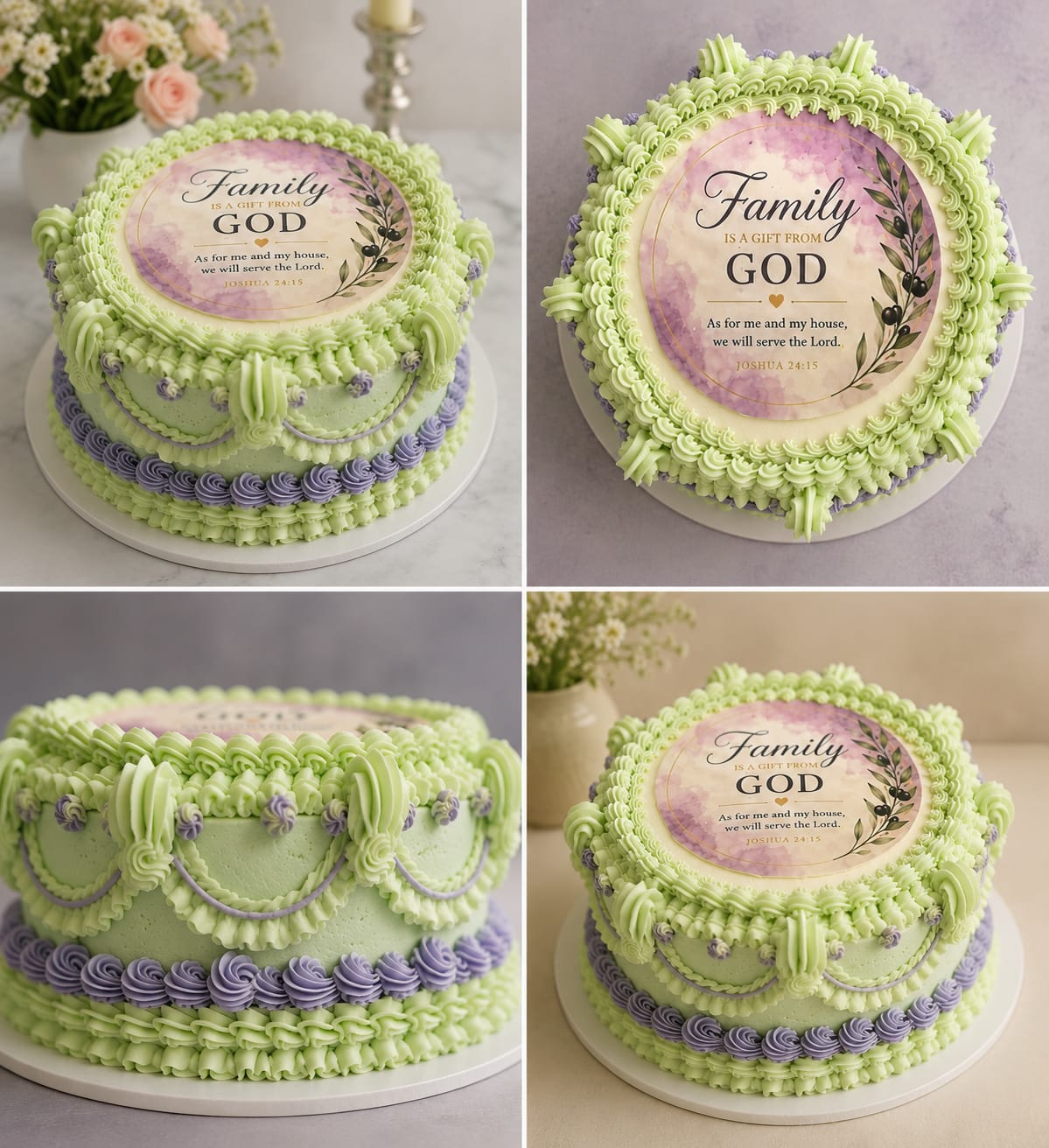 Custom pistachio celebration cake with an edible printed topper