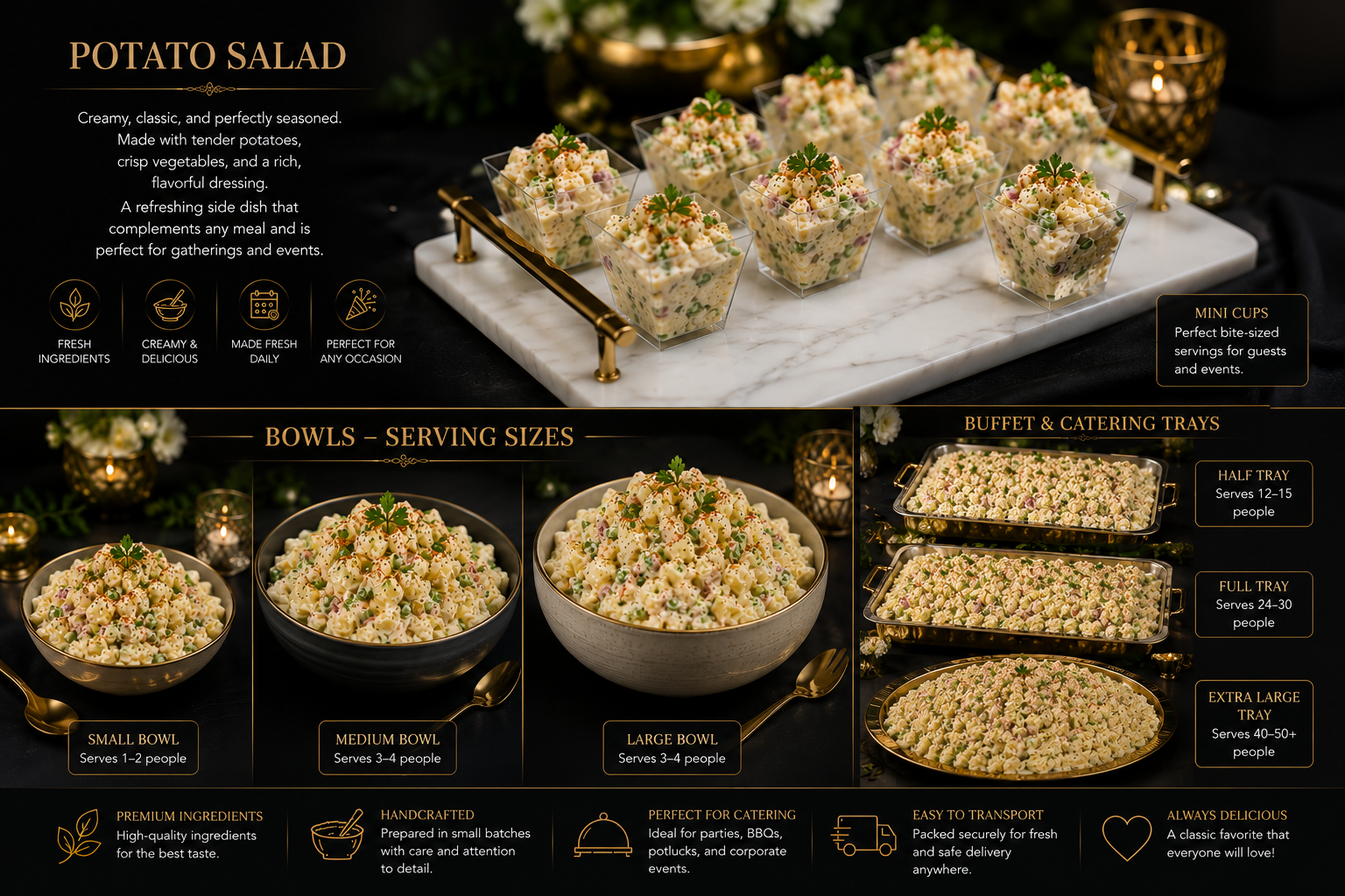 Creamy potato salad in cups, bowls and catering trays
