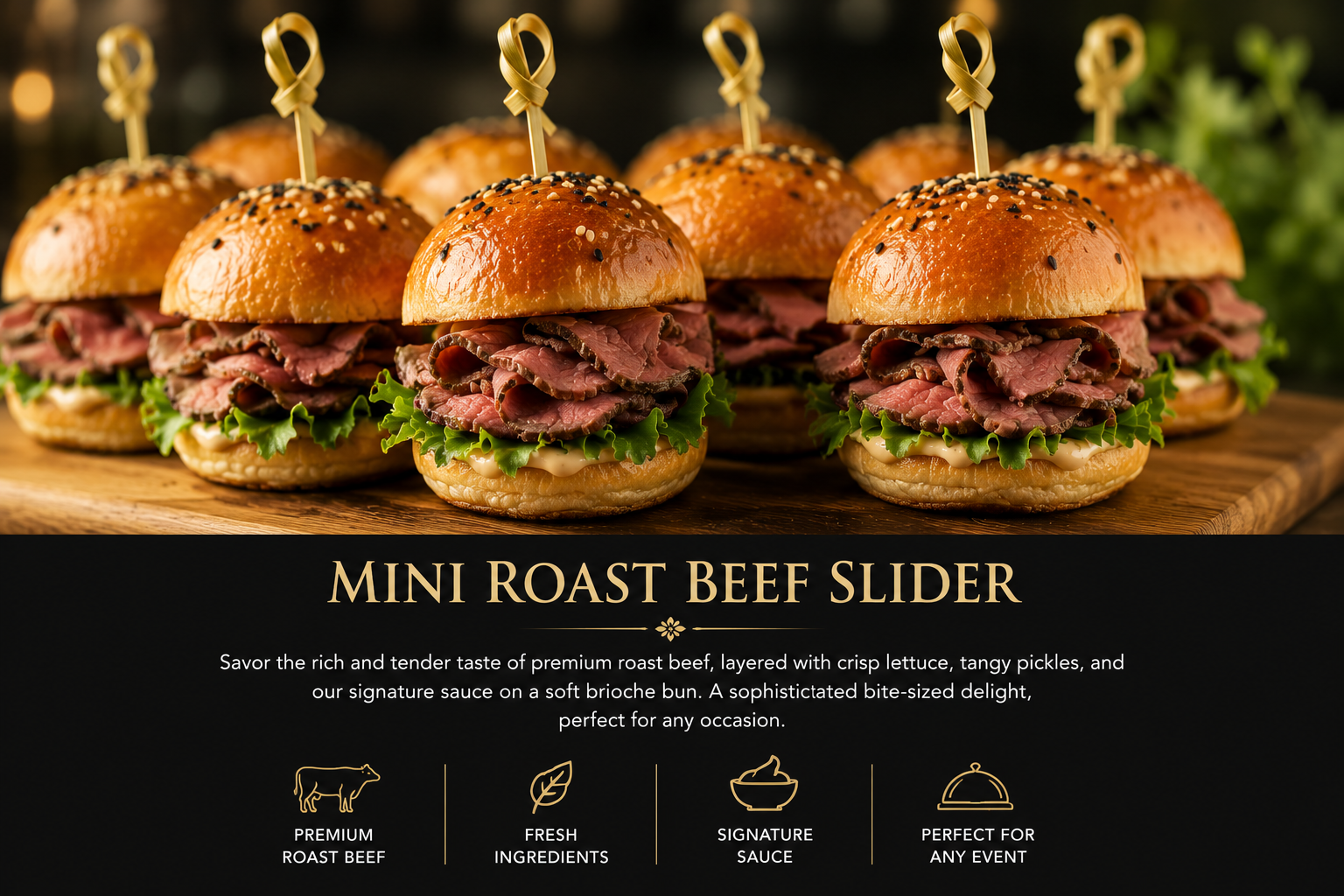 Mini roast beef sliders arranged on a serving board