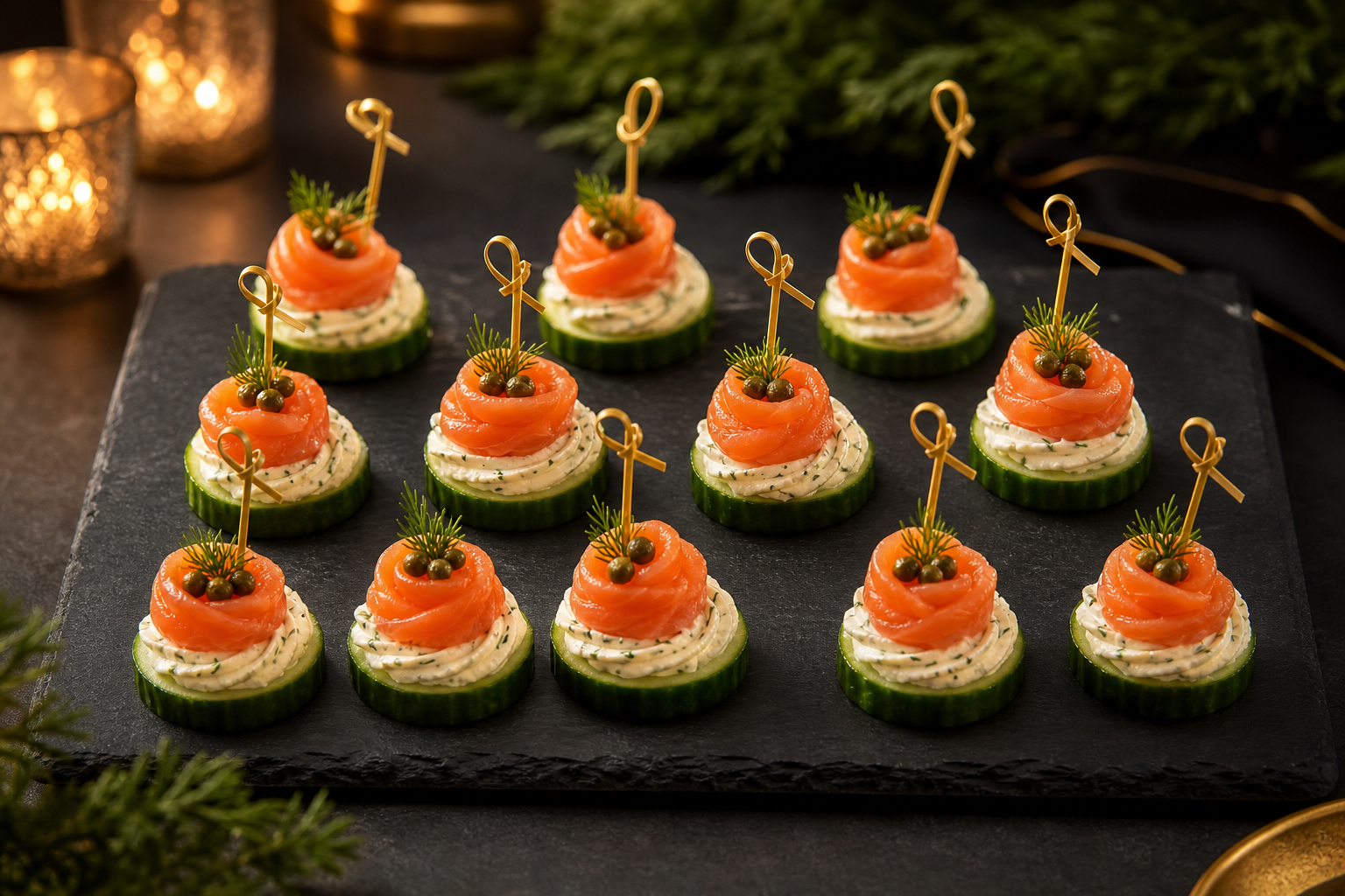 Elegant smoked salmon bites with cucumber and dill cream cheese