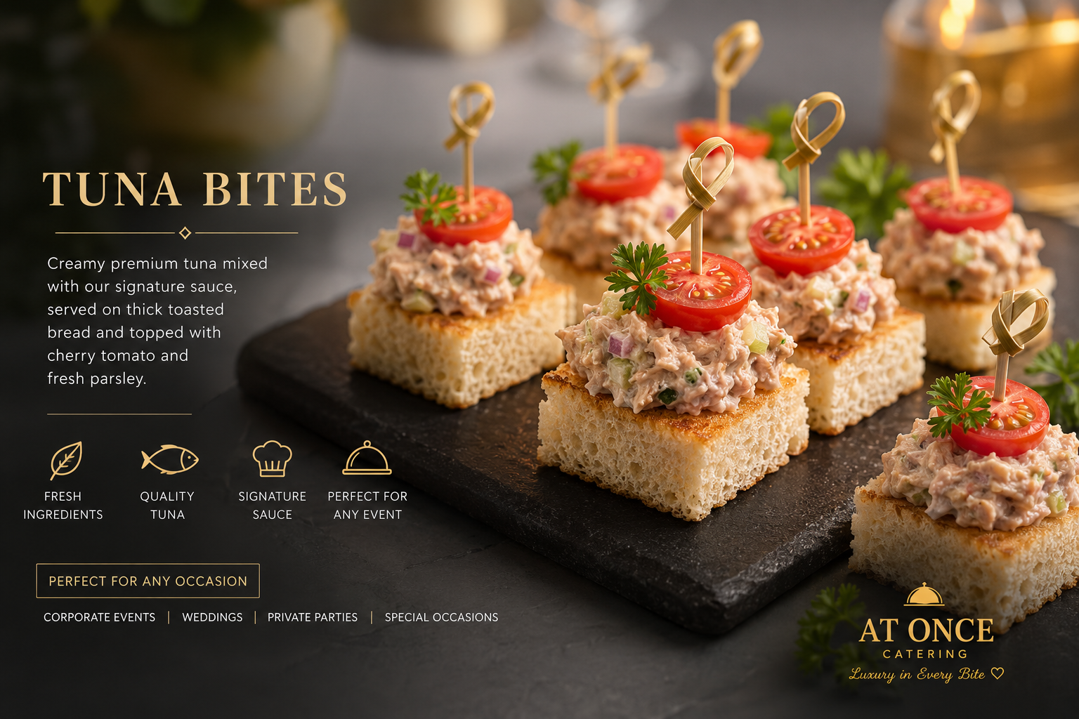 Tuna bites with cherry tomato and parsley