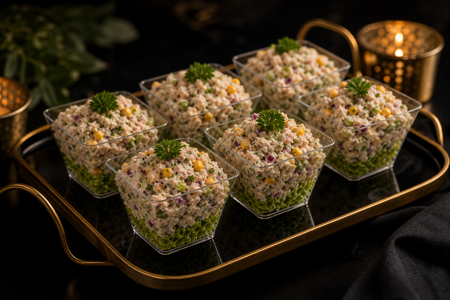 Mini tuna salad cups arranged on an elegant serving tray